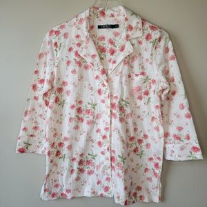 Lauren Ralph Lauren LRL Monogram Sz S Ivory w Pink Flowers Nightshirt Button Up